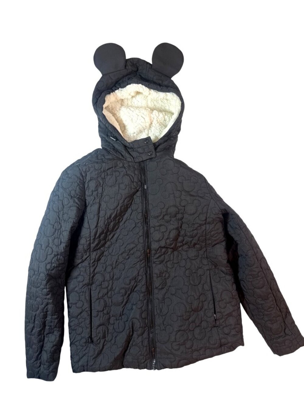 Disney Mickey Mouse Black Quilted Jacket Mickey Icon Ears Coat Sherpa Lined
